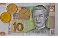 Croatian currency note 10 Kuna banknote macro and coins