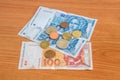 Croatian kuna HRK banknotes and Euro coins Royalty Free Stock Photo