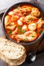 Croatian Seafood Stew Brudet with fish, shrimp, mussels, scallops, squid close-up in a bowl. Vertical top view