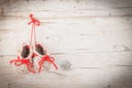 Crochet baby booties on wooden background Royalty Free Stock Photo