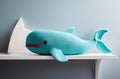 Crochet blue whale on interior shelf. Cute handmade toy. Japanese amigurumi