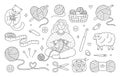 Crochet doodle illustration including - girl knitting clothes, cat playing with wool yarn ball, sheep, hook, skein. Hand