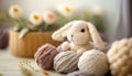 Crochet Easter bunny. Amigurumi pastel colors Easter rabbit and gentle spring flowers. Knitting concept. International