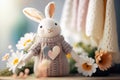 Crochet Easter bunny. Amigurumi pastel colors Easter rabbit and gentle spring flowers. Knitting concept. International