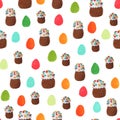 Crochet Easter cakes and hand drawn Easter eggs seamless pattern background