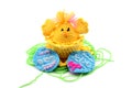 crochet Easter egg cup in chicken shape with easter eggs and greeen wool grass