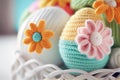 Crochet Easter eggs. Amigurumi colorful spring flowers and Easter eggs. Knitting concept. International Crochet Day