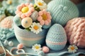 Crochet Easter eggs. Amigurumi colorful spring flowers and Easter eggs. Knitting concept. International Crochet Day