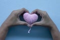 Crochet Heart With Yarn And Hand Heart Shape For Valentine`s Day.