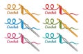 Crochet knitting handmade, crocheting hook with thread icon set. Hand knit tool, needlework pattern. Craft hobby. Vector Royalty Free Stock Photo