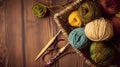 Crochet and knitting hobby. Colorful balls of yarn, knitting needles on table, with copy space, flat lay, and wood background