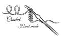 Crochet knitting sign. Crocheting hook with yarn thread. Tool for hand made knit. Craft of make textile clothing. Knitwear. Vector