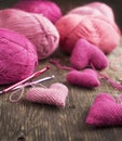 Crochet pink hearts and yarn