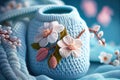 Crochet sakura flowers. Spring knitting concept. Card for Mother's day, Easter, Woman's day, 8 March, birthday