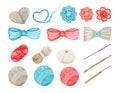 Crochet Shop concept of hooks, Ball of yarn, crocheted heart, bow, hook, flowers. Watercolor Hand drawn hobby Knitting