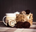 Crochet, skeins of yarn and cup of coffee