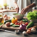 Cooking - chef\'s hands preparing vegetable vegetarian stew (thick soup). Kitchen scenery - pot with recipe