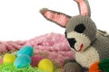 Crocheted Amigurumi Bunny with Carrot beside Easter display