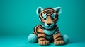 Crocheted Blue Tiger On Turquoise Background - Object Portraiture Specialist