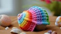 Crocheted cockle toy vibrant backdrop, handcrafted and adorable, Ai Generated