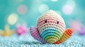 Crocheted cockle toy vibrant backdrop, handcrafted and adorable, Ai Generated