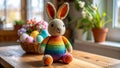 Crocheted Easter Bunny with Rainbow Stripes and Decorative Easter Eggs on Wooden Table Royalty Free Stock Photo