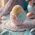 Crocheted Easter egg and doily crochet in pastel tones. Knitting concept Royalty Free Stock Photo