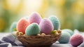 Crocheted easter eggs in a basket on a table, AI Royalty Free Stock Photo