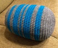 Crocheted gray and blue decorative cushion