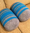 Crocheted gray and blue decorative cushions