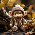 a crocheted monkey is sitting on a branch
