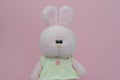 Crocheted plush pink bunny. Soft toy knitted bunny