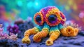 Crocheted spawn toy vibrant backdrop, handcrafted and adorable, Ai Generated