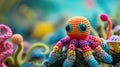 Crocheted spawn toy vibrant backdrop, handcrafted and adorable, Ai Generated