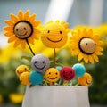 A crocheted sunflower and sunflower with smiley faces, AI