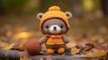 a crocheted teddy bear wearing an orange hat and holding a football