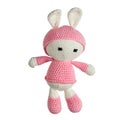 Crocheted white rabbit toy in pink clothes isolated Royalty Free Stock Photo