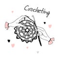 Crocheting. Hands knitting a napkin. Logo. Vector Royalty Free Stock Photo