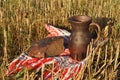 A crock of milk and a half loaf of rye bread Royalty Free Stock Photo