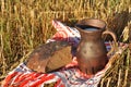 A crock of milk and a half loaf of rye bread Royalty Free Stock Photo