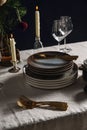 crockery and candles for christmas table serving Royalty Free Stock Photo
