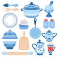 Crockery ceramic cookware. Blue porcelain bowls, dishes and plates. Kitchen tools vector collection
