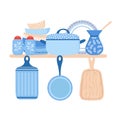 Crockery ceramic cookware. Blue porcelain dishes, pans and bowls vector illustration