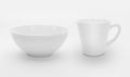 Crockery, ceramic and cup of coffee on white background. 3d render