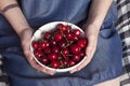 The Crockery with cherries in woman hands Royalty Free Stock Photo