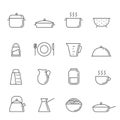 Crockery and cooking icon set. Simple outline design.