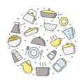 Crockery and cooking multicolored circle illustration. Clean and simple outline design.