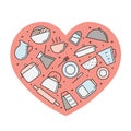 Crockery and cooking multicolored heart illustration. Clean and simple outline design.