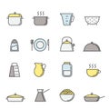 Crockery and cooking multicolored icon set. Clean and simple outline design.