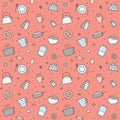 Crockery and cooking multicolored seamless vector pattern (pink). Clean and simple outline design.